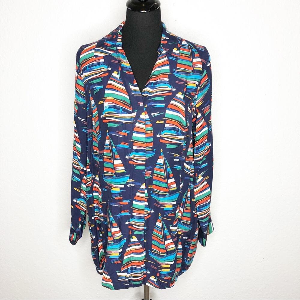 Soft Surroundings navy blue sailboat graphic‎ print button down top size Medium